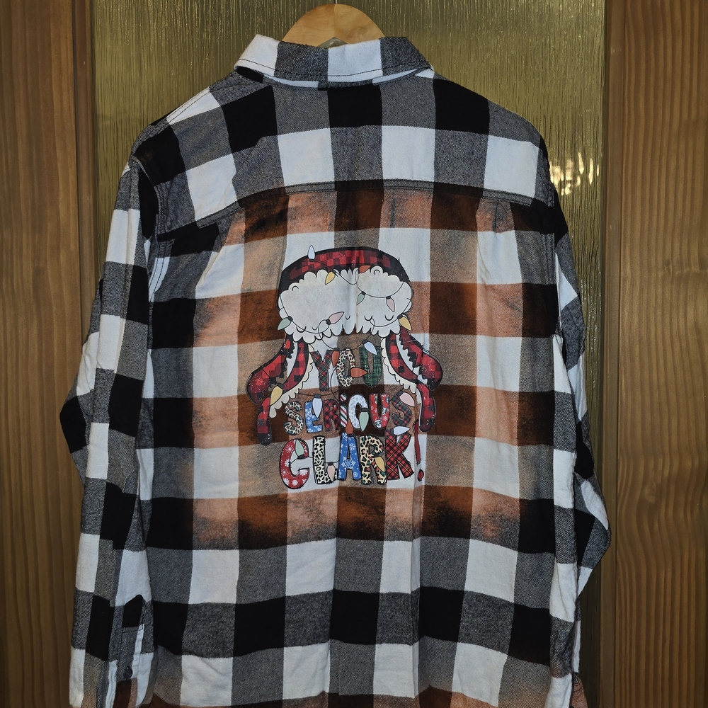 Bleached Black and White Plaid Shirt with "You Serious Clark" Graphic